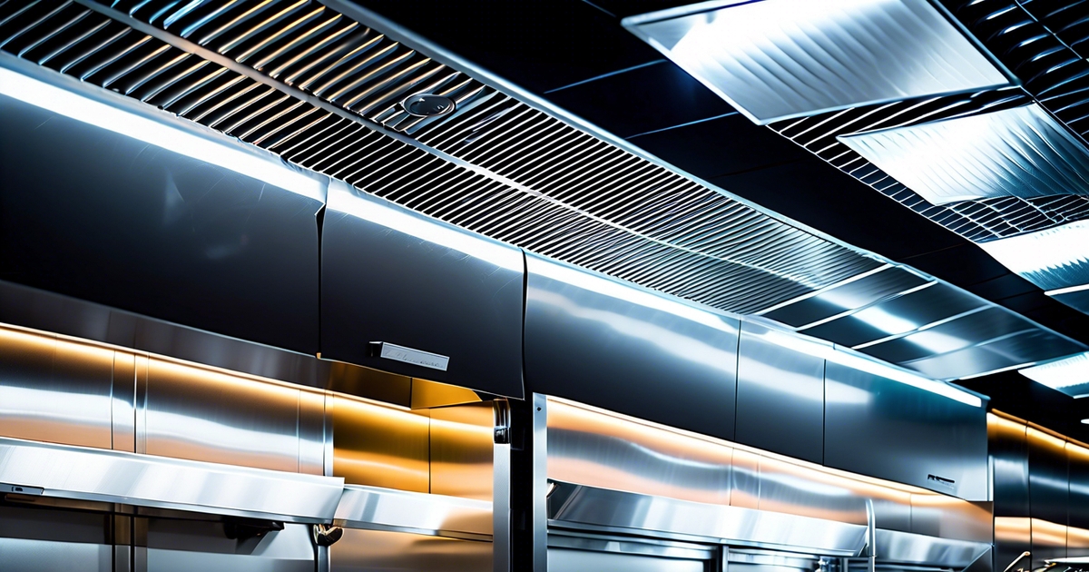 a close up of a kitchen hood system showing restaurant duct work