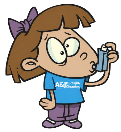 Cartoon girl in an A&J Duct Cleaning T-shirt using an asthma inhaler