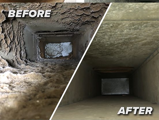 One duct photographed before and after cleaning, split diagonally and labelled before and after