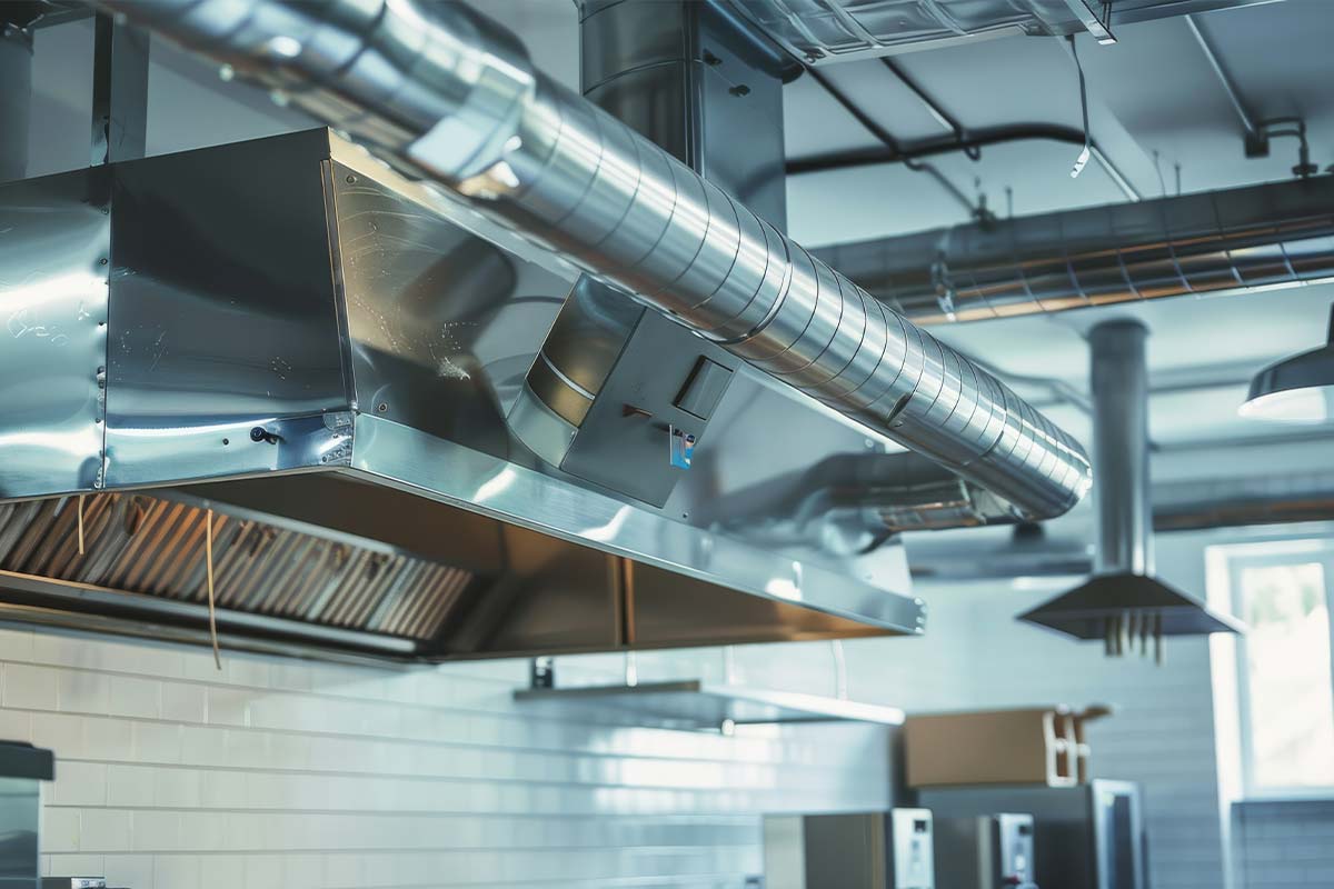 A stainless steel commercial kitchen extraction hood below spiral ductwork running across the ceiling