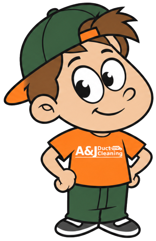 The A&J Duct Cleaning mascot, a cartoon technician in an orange shirt and green cap