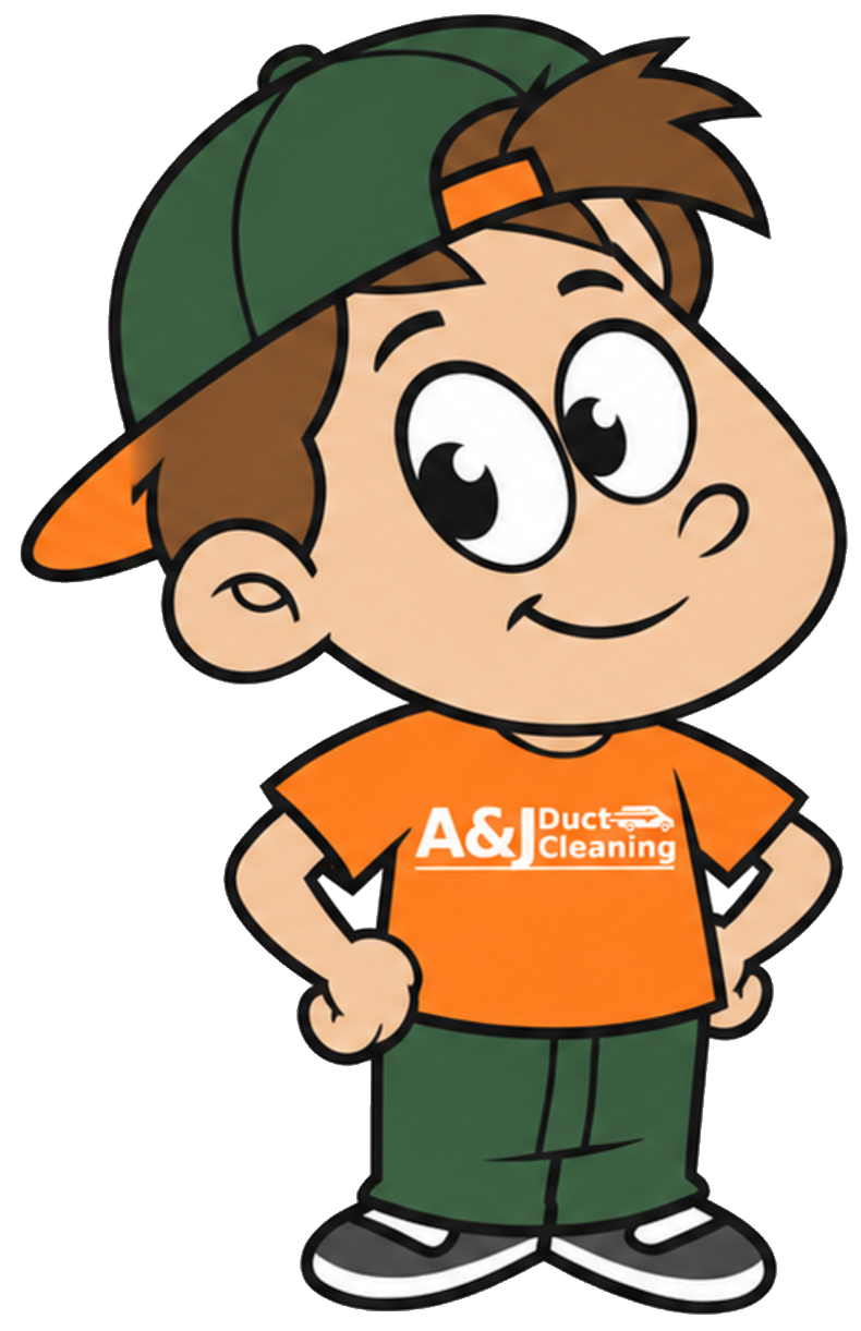 The A&J Duct Cleaning mascot, a cartoon technician in an orange shirt and green cap
