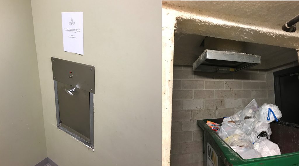 A stainless trash chute intake door in a corridor wall, beside the discharge room below where bagged refuse collects in the bin