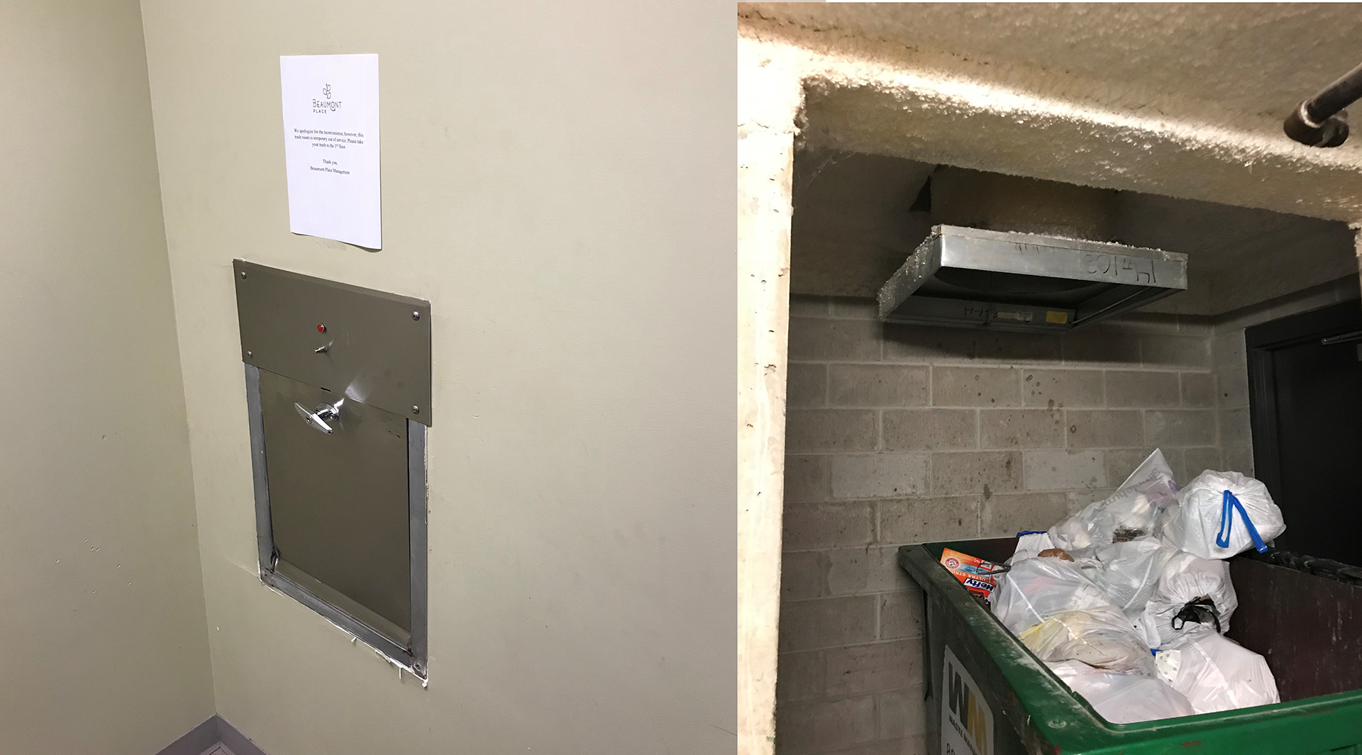 A stainless trash chute intake door in a corridor wall, beside the discharge room below where bagged refuse collects in the bin